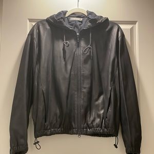 Brand New Vince women’s lamb skin leather hooded jacket in Navy.